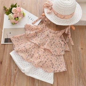 Bear Leader Girls Clothing Sets 2020 Summer Kids Clothes Floral Chiffon Halter+Embroidered Shorts Straw Children Clothing