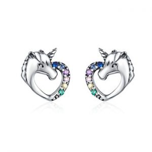 WOSTU 2019 Unicorn Heart Stud Earrings 925 Sterling Silver Multi-Color CZ Earrings For Women Wedding Luxury Brand Jewelry CQE611