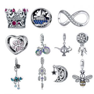 BISAER Hot Sale 925 Sterling Silver Heart Star Princess Crown Bowknot Dream Catcher Charms Beads fit Silver 925 Jewelry Making