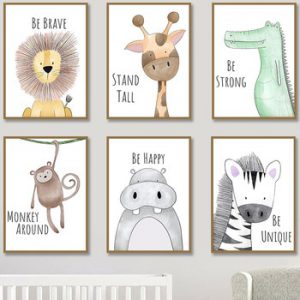 Be Happy Nursery Room Prints Painting On Canvas Animals Hippo Giraffe Monkey Lion Poster Picture Home Decor for Kids Baby Room