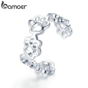 BAMOER Hot Sale 925 Sterling Silver Adjustable Cat And Dog Footprints Paw Trail Rings for Women Party Silver Jewelry SCR424