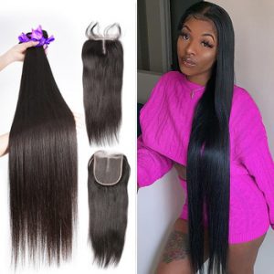 Rosabeauty 28 30 32 Inch Peruvian Hair Bundles Straight 3 4 Bundles With Lace Closure Remy Human Hair and closure