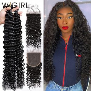 Wigirl 8- 28 30 Inch Deep Wave Bundles With Closure Brazilian Remy Curly Human Hair Water Wave 3 4 Bundles Weave Lace Closure