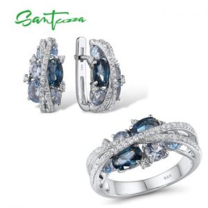 SANTUZZA Genuine 925 Silver Jewelry Set For Women Sparkling Blue Spinel Earrings Ring Set Delicate Luxury Party Fine Jewelry