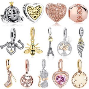 Fashion Rose Gold Tree Feather Heart Charms Beads Fit Original Pandora Bracelet Women 925 Sterling Silver Jewelry Accessories