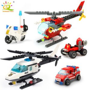 HUIQIBAO City Police Helicopter Airplane Blocks Building Blocks City MOTO Bricks Educational Toys Gift For Children give Figure