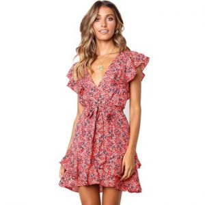 Dress Summer 2020 Women Floral Print Sashes Beach Dress Boho Style Ruffles A-line Mini Sundress Elegant Party Dress Vestidos