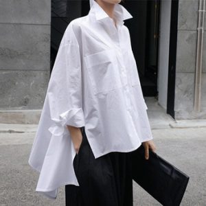 [EAM] 2020 New Spring Autumn Lapel Long Sleeve White Back Long Loose Big Size Irregular Shirt Women Blouse Fashion Tide JU847