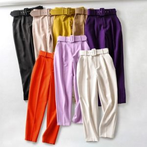 Tangada black suit pants woman high waist pants sashes pockets office ladies pants fashion middle aged pink yellow pants 6A22