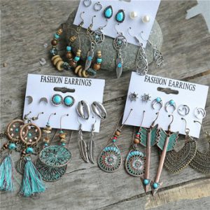 17KM New Ethnic Beads Drop Earrings Set For Women 6Pcs/Set Fearther Acrylic Metal Wood Dangle Earring 2020 Vintage  Jewelry