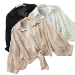 HELIAR Lantern Sleeve Chiffon Shirts Women 2020 Summer Buttoned Up Shirt Long Sleeve Blouse Tied Waist Elegant Women Blouses