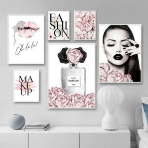 Pink Flower Perfume Fashion Lady Poster Sliver Lips Makeup Print Canvas Art Painting Wall Picture Modern Girl Room Home Decor