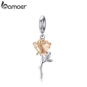 bamoer 3D Rose Flower Pendant Charm 925 Sterling Silver Rose Gold Color Charms for Bracelet or Necklace DIY Bijoux BSC145