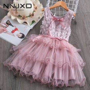 Summer Toddler Girls Lace Cake Dress Kids Sleeveless Floral Mesh Wedding Dresses Children Clothing For Baby Girls 3 to 8 Years