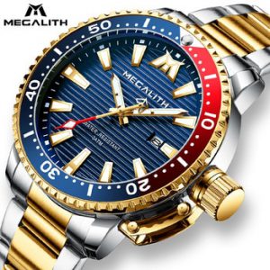 MEGALITH Gold Full Steel Watches Men Luminous Diving Sports Quartz Watch Men Sport Waterproof Military Wrist Watch With Box Pack