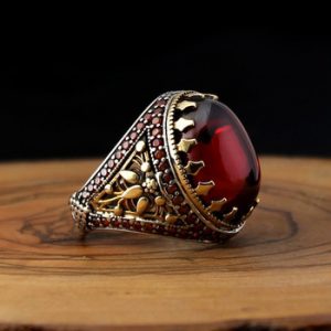 925 Sterling Silver Ring for Men Red Zircon Stone Jewelry fashion vintage Gift Onyx Aqeq Mens Rings All Size (made in Turkey)