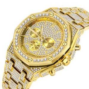 Mens Luxury Watch Brands Real Chronograph MISSFOX Fully Iced Out Wrist Watch for Men 18K Gold Plated Stainless Steel Gents Watch