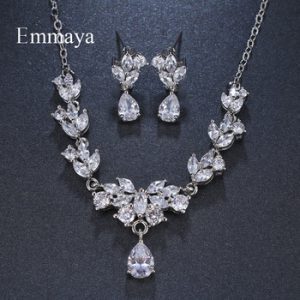 Emmaya Brand Gorgeous Charm Flower Shape White Gold AAA Cubic Zircon Crystal Earrings Necklace Set For Women Bride Jewelry Gift