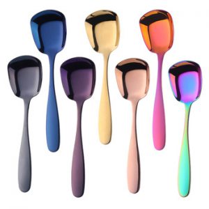 Plat bottom Spoon Stainless Steel Square Dinner spoons Rice Dinnerware Child Long Handle Drink Spoon for Ice Cream Dessert Salad