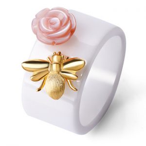 Lotus Fun Real 925 Sterling Silver Handmade Fine Jewelry Ceramic Ring Cute 18K Gold  Bee Kiss from a Rose Rings for Women Bijoux