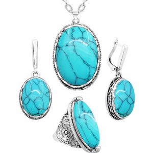 Oval Natural Stone Jewelry Set Choker Necklace Earrings Rings For Women Hollow Flower Pendant Stainless Steel Chain