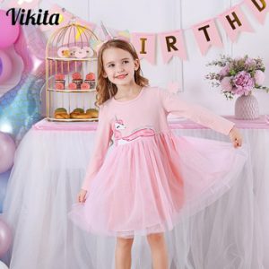 VIKITA Girls Dress Long Sleeve Kids Princess Dresses Children Unicorn Vestidos 2020 Girls Dresses Autumn Kids Dress for Girl