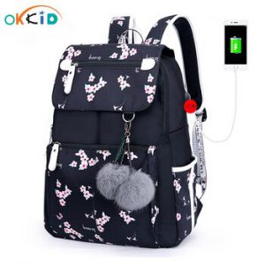 OKKID pink flower school backpack for girls women travel laptop backpack usb charging backpacks for children student schoolbag