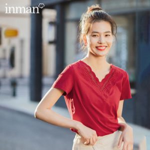 INMAN 2020 Summer New Arrival Literary All-match V-neck Personality Embroidered Pure Color Base Short Sleeve T-shirt