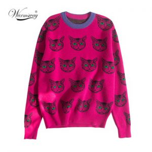 High Quality Runway Designer Cat Print Knitted Sweaters Pullovers Women Autumn Winter Long Sleeve Harajuku Sweet Jumper C-192