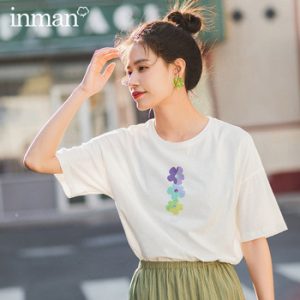 INMAN 2020 Summer New Arrival Literary Round Collar Graffiti Flower Pure Cotton Loose All-match Short Sleeve T-shirt