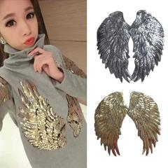 35*18cm Angel Wing Feather Sequin Embroidered Fabric Large Patch Applique Stick Clothes Bag DIY Decorate Gold Silver Iron