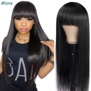 Allove Straight Human Hair Wigs with Bangs Fringe Wig Human Hair Glueless Full Machine Wig Highlight Brown Blonde Burgundy Wig