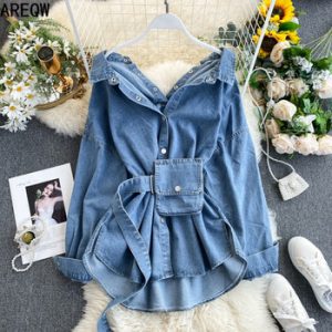 Vintage Sashes Slim Waist Jeans Coat Women Autumn Spring Women Denim Jacket Korean Long Denim Women Jacket