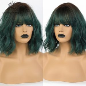 Blonde Unicorn Ombre Green Short Wavy Bob Synthetic Wigs with Bangs Women Shoulder Length Cosplay Wig Heat Resistant Fiber