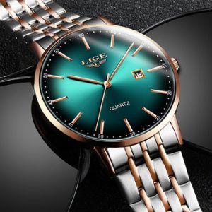 LIGE Mens Watches Top Brand Luxury Gold Quartz Watch Men Sport Waterproof Watch For Man All Steel Slim Green Dial Date Clock+Box