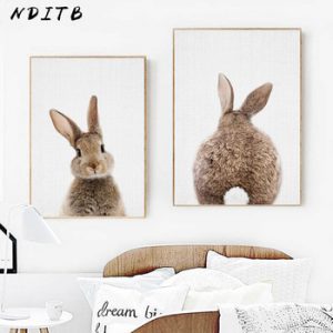 Bunny Rabbit Tail Wall Art Picture Woodland Animal Canvas Poster Nursery Print Minimalist Painting Nordic Kids Baby Room Decor