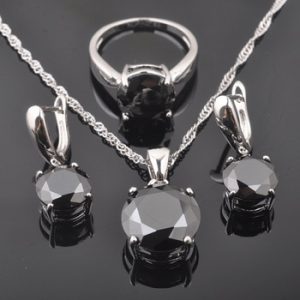 Russian Style Silver Color Jewelry Sets Women's Wedding Earrings Round Black Zirconia Ring Necklace And Earrings Sets QZ0218