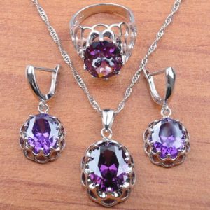 Natural Purple Crystal For Women Wedding Jewelry Costume Jewelry Sets Earrings Ring Necklace Set Anniversary Present JS0166