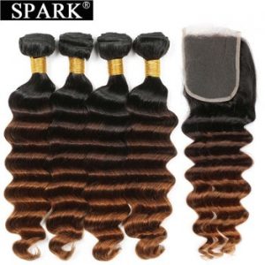 Spark Hair Peruvian Loose Deep Wave Human Hair Bundles With Closure Ombre Brown Color Closure With Bundles For Black Women Remy