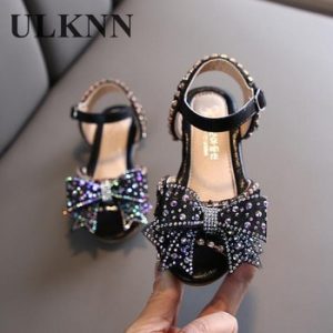 ULKNN Hot Summer Girls Sandals With Bow Open Toe Diamond Princess Party Shoes Soft Flat Sandals For Girls Kids Sandals