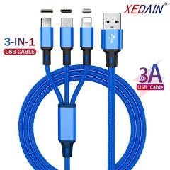 3in1 Type C 8Pin Micro USB Fast Charging Cable Nylon Woven More Durable Phone Cable-For iPhone 7 8 X XS XR 11 Plus Huawei Xiaomi