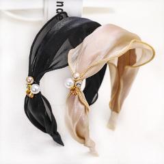 Haimeikang New Spring Summer Bezel Hairband Satin Bright Silk Fabric Pearl Hair Hoop Headband Fashion Side Knot Hair Accessories