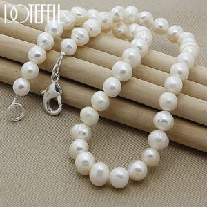 DOTEFFIL 8mm Natural Pearl 925 Sterling Silver Necklace 18 inches Chain For Woman Engagement Wedding Party Jewelry