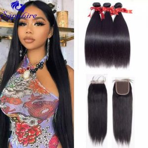 Sapphire Brazilian Hair Weave Bundles With Closure Human Hair Bundles With 4*4 Closure Hair Extension Remy Hair Bleached Knots