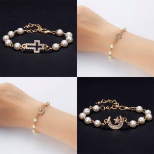 Rinhoo 1PC Gold Hollow Cross Round Heart Rhinestone Pendant Pearl Link Chain Bracelet For Women's Fashion Jewelry Gift