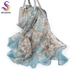 [BYSIFA] 100% Silk Chiffon Scarf Female Brand Leaves Design Grey Khaki Long Scarves Beach Shawls Fall Winter Women Neck Scarves