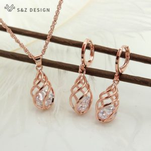 S&Z Spiral Hollow Water Drop Dangle Drop Zircon Earrings 585 Rose Gold Color Jewelry Set For Women Gift Anti-allergy Eardrop