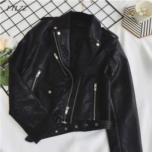 FTLZZ New Women Pu Leather Jacket Fashion Bright Color Black Motor Coats Short Faux Leather Biker Jackets Coat Female