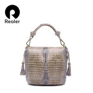 REALER genuine leather handbags women small totes shoulder crossbody bags ladies classic serpentine pattern leather bucket bag