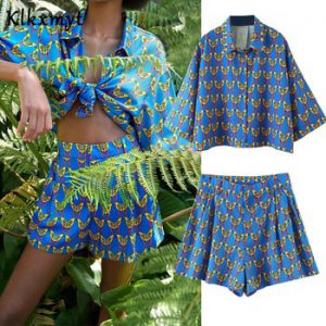 Klkxmyt Two Piece Set Women Summer Loose Fashion Print Batwing Short Sleeve Beach Cropped Blouse+Elastic Waist Casual Shorts Set